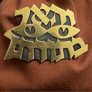 Vintage Signed WOLPERT Israel Goldtone Black Modernist Pin Brooch Pendant